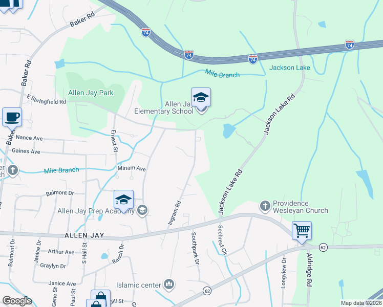 map of restaurants, bars, coffee shops, grocery stores, and more near 2612 Ingram Road in High Point