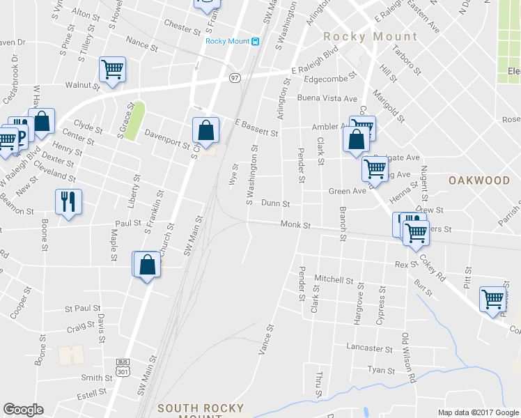 map of restaurants, bars, coffee shops, grocery stores, and more near 209 Dunn Street in Rocky Mount