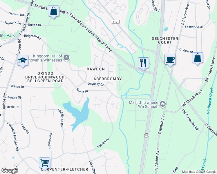 map of restaurants, bars, coffee shops, grocery stores, and more near 1205 Odyssey Drive in Durham