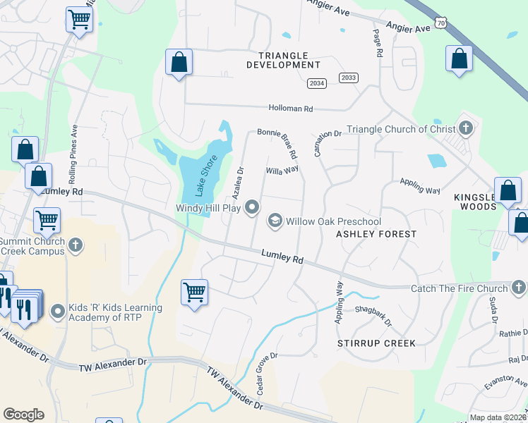map of restaurants, bars, coffee shops, grocery stores, and more near 2611 Windy Hill Road in Durham