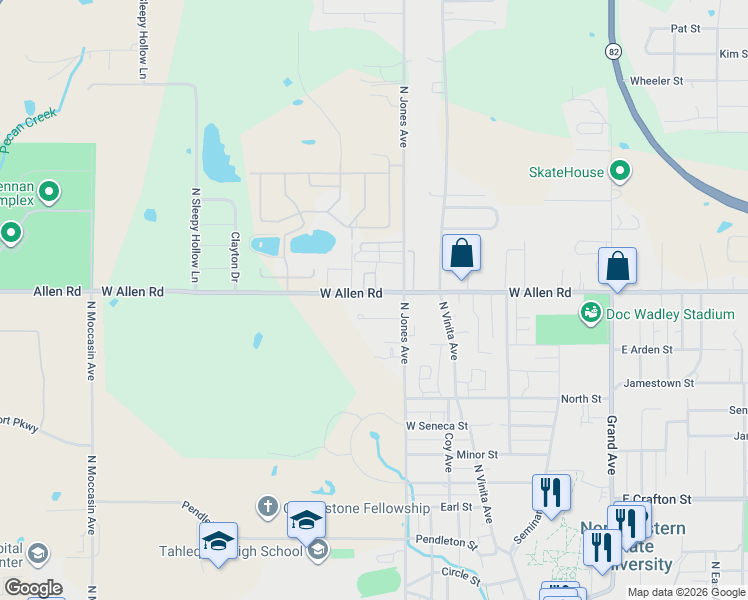 map of restaurants, bars, coffee shops, grocery stores, and more near 509 West Allen Road in Tahlequah