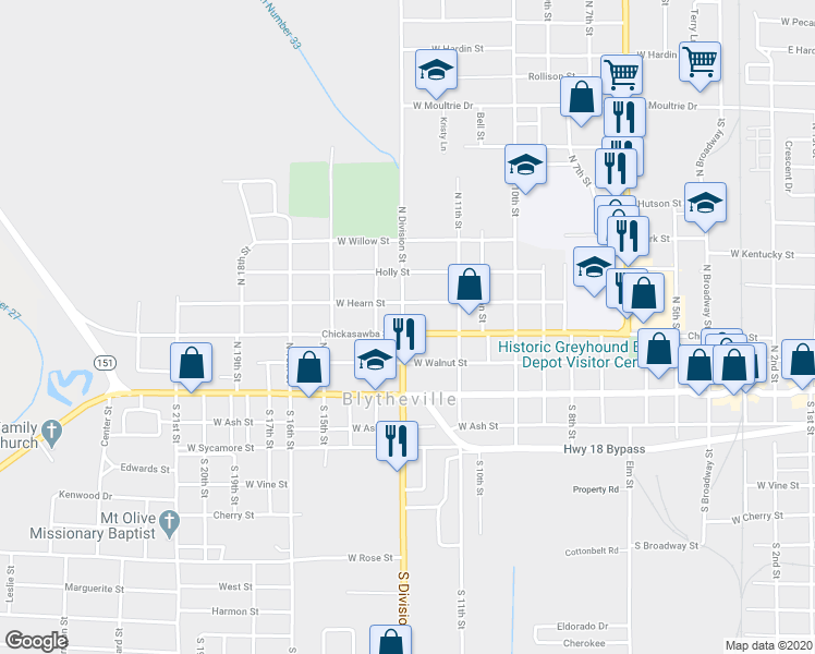map of restaurants, bars, coffee shops, grocery stores, and more near 1136 Chickasawba Street in Blytheville