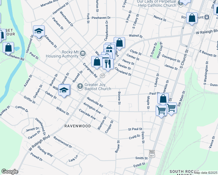 map of restaurants, bars, coffee shops, grocery stores, and more near 640 Beamon Street in Rocky Mount