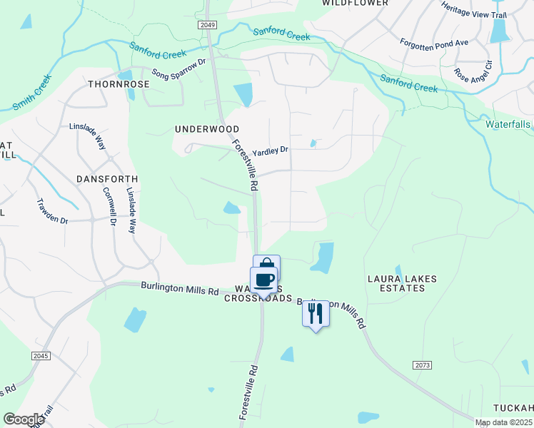 map of restaurants, bars, coffee shops, grocery stores, and more near 1512 Margrave Drive in Wake Forest