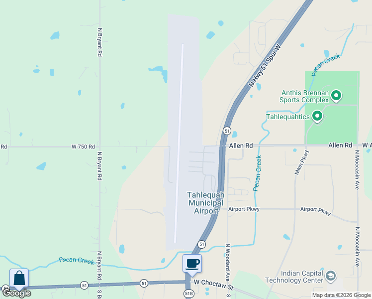 map of restaurants, bars, coffee shops, grocery stores, and more near 2100 Airport Parkway in Tahlequah