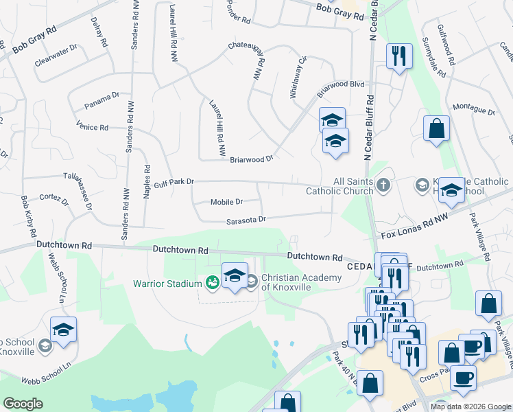 map of restaurants, bars, coffee shops, grocery stores, and more near 9500 Mobile Drive in Knoxville