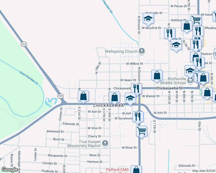 map of restaurants, bars, coffee shops, grocery stores, and more near 1600 Chickasawba Street in Blytheville