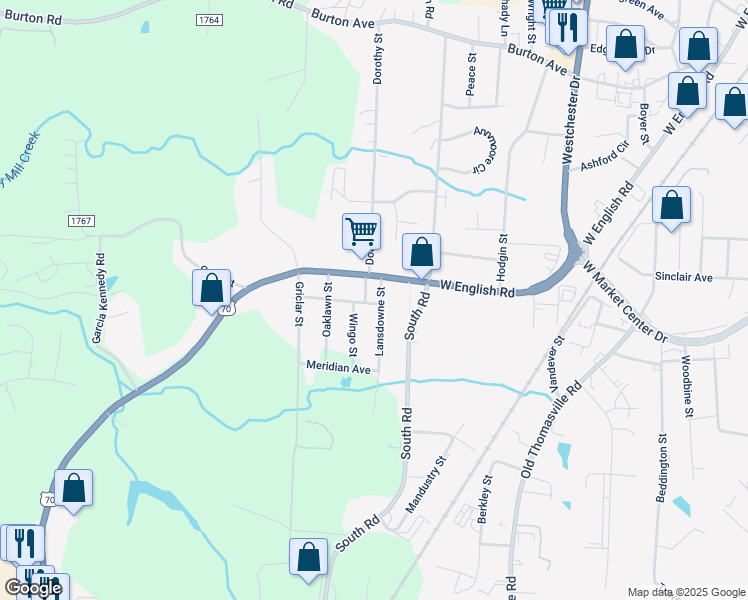 map of restaurants, bars, coffee shops, grocery stores, and more near 109 Lansdowne Street in High Point