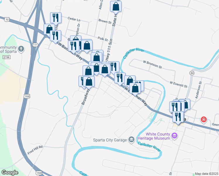 map of restaurants, bars, coffee shops, grocery stores, and more near 339 Clark Street in Sparta