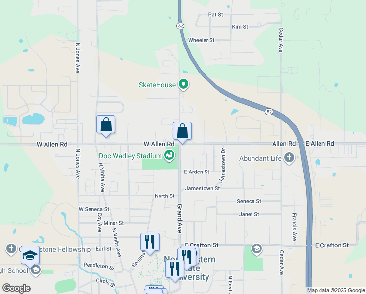 map of restaurants, bars, coffee shops, grocery stores, and more near 1499 North Grand Avenue in Tahlequah