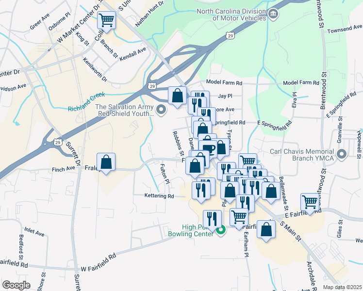 map of restaurants, bars, coffee shops, grocery stores, and more near 2417 Robbins Street in High Point