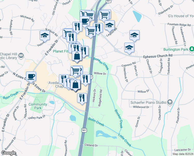 map of restaurants, bars, coffee shops, grocery stores, and more near 304 Hickory Drive in Chapel Hill