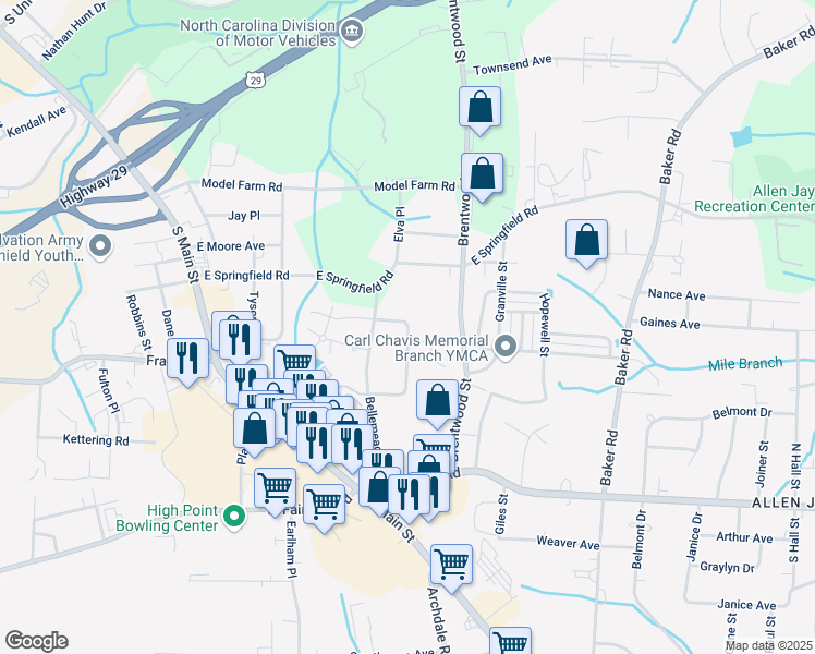 map of restaurants, bars, coffee shops, grocery stores, and more near 609 Vista Circle in High Point