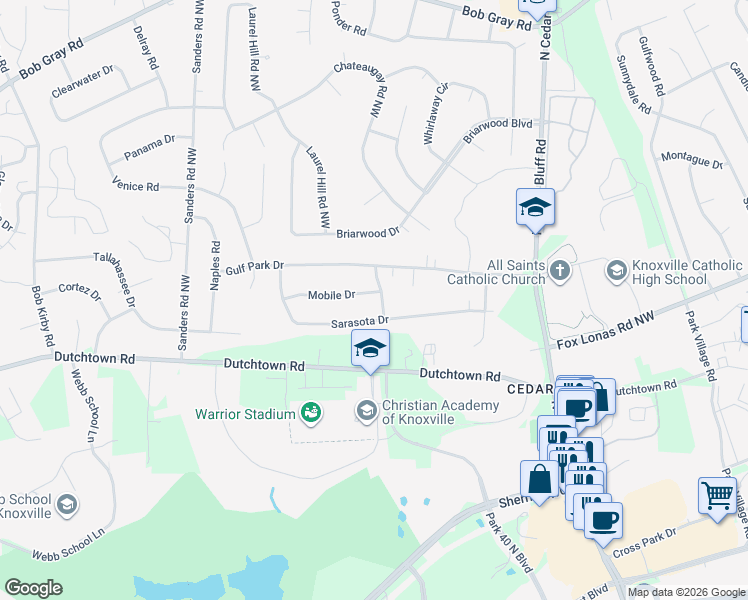 map of restaurants, bars, coffee shops, grocery stores, and more near 9500 Mobile Drive in Knoxville