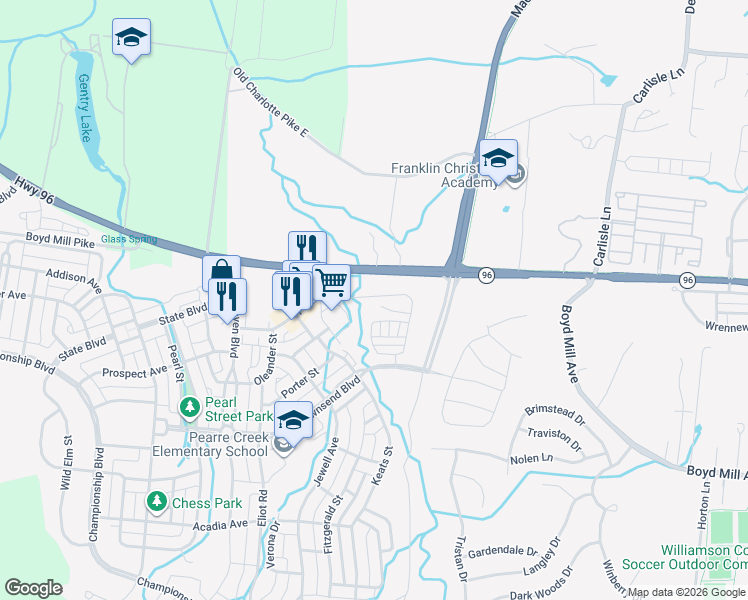 map of restaurants, bars, coffee shops, grocery stores, and more near 411 Whitman Road in Franklin