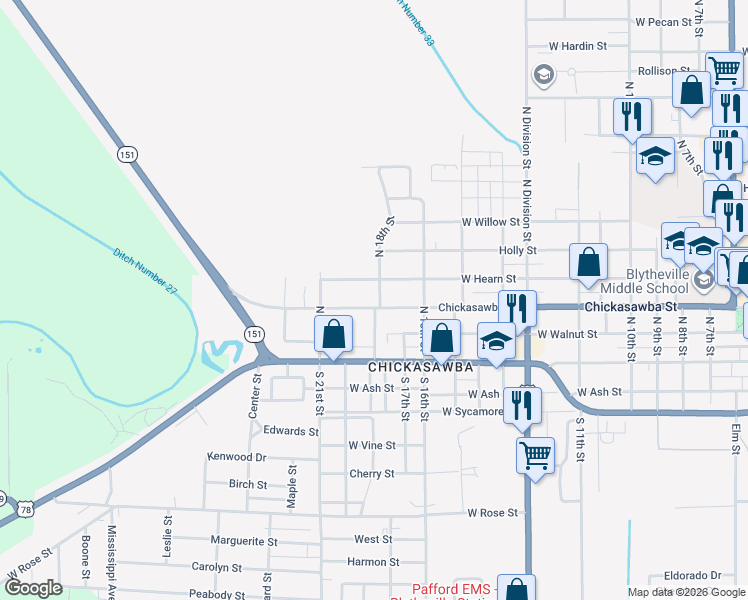 map of restaurants, bars, coffee shops, grocery stores, and more near 1712 Chickasawba Street in Blytheville