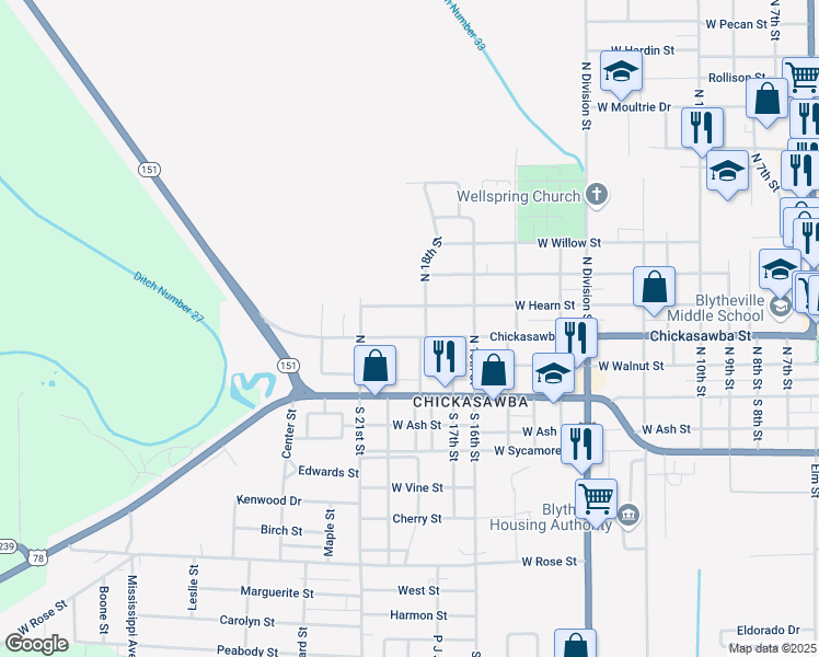map of restaurants, bars, coffee shops, grocery stores, and more near 2018 Chickasawba Street in Blytheville