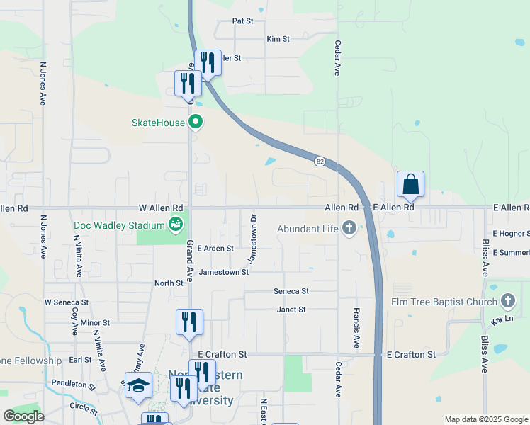 map of restaurants, bars, coffee shops, grocery stores, and more near 604 East Allen Road in Tahlequah