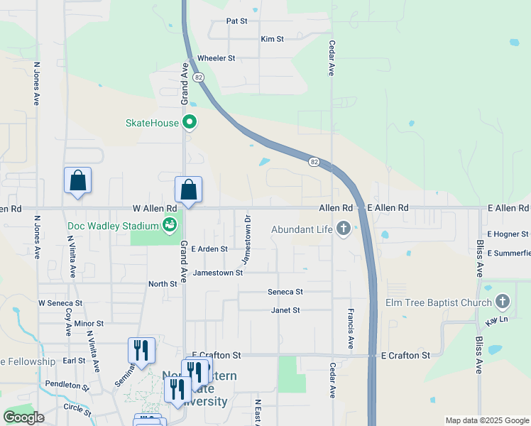 map of restaurants, bars, coffee shops, grocery stores, and more near 604 East Allen Road in Tahlequah