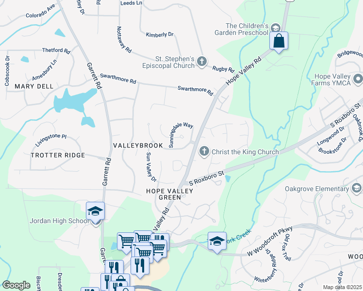 map of restaurants, bars, coffee shops, grocery stores, and more near 3707 Sunningdale Way in Durham