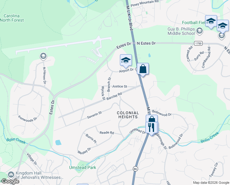 map of restaurants, bars, coffee shops, grocery stores, and more near 202 Barclay Road in Chapel Hill
