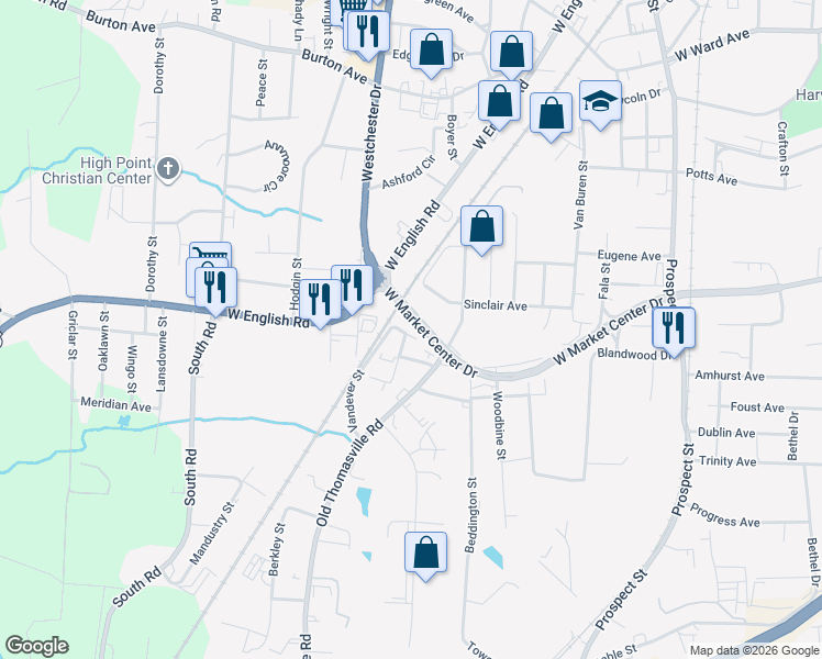 map of restaurants, bars, coffee shops, grocery stores, and more near 416 Vandever Street in High Point