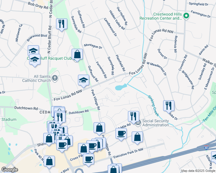 map of restaurants, bars, coffee shops, grocery stores, and more near 9178 Fox Lake Drive in Knoxville