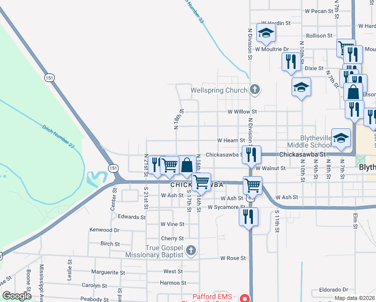 map of restaurants, bars, coffee shops, grocery stores, and more near 1600 Chickasawba Street in Blytheville