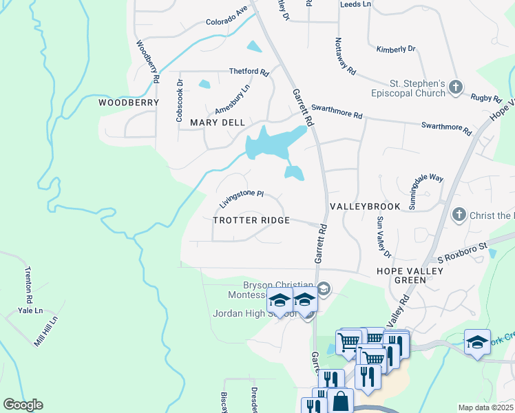 map of restaurants, bars, coffee shops, grocery stores, and more near 4112 Cobblestone Place in Durham