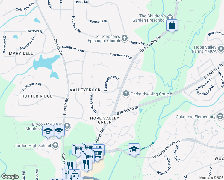 map of restaurants, bars, coffee shops, grocery stores, and more near 3707 Sunningdale Way in Durham