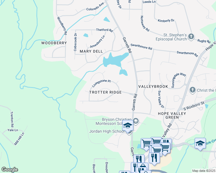 map of restaurants, bars, coffee shops, grocery stores, and more near 4112 Cobblestone Place in Durham