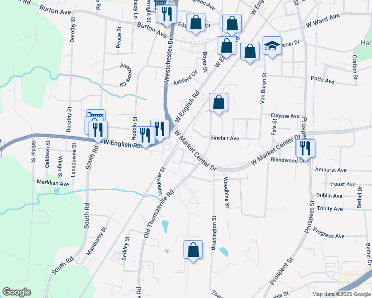 map of restaurants, bars, coffee shops, grocery stores, and more near 410 Vandever Street in High Point