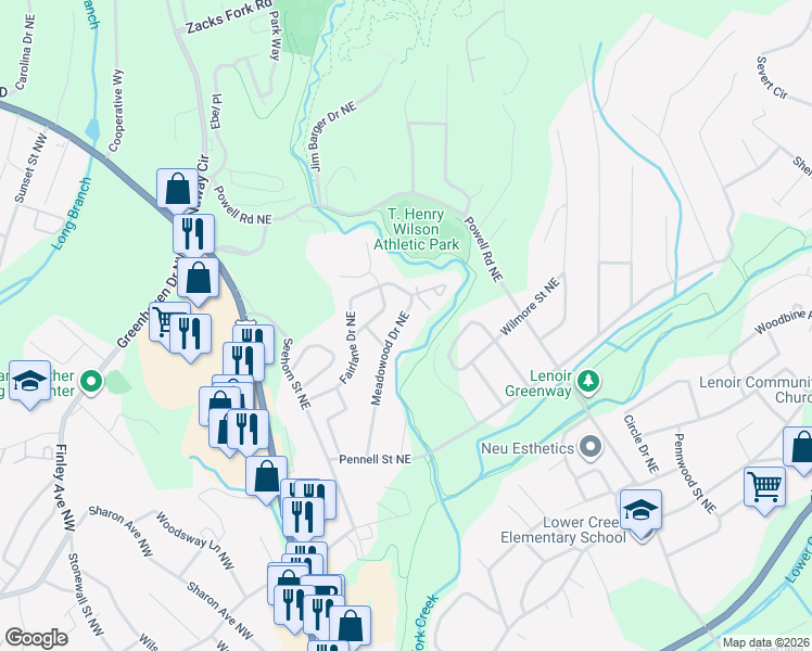 map of restaurants, bars, coffee shops, grocery stores, and more near 914 Meadowood Drive Northeast in Lenoir