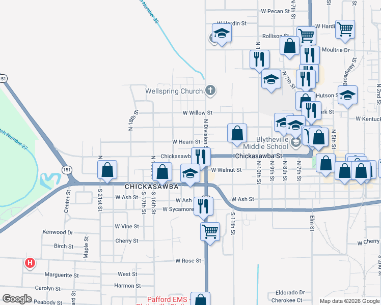 map of restaurants, bars, coffee shops, grocery stores, and more near 1310 Chickasawba Street in Blytheville