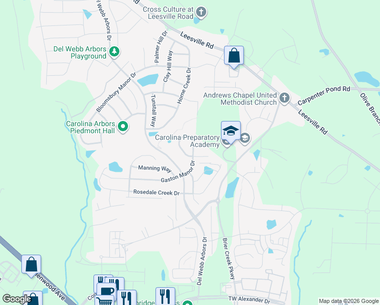 map of restaurants, bars, coffee shops, grocery stores, and more near 1145 Gaston Manor Drive in Durham