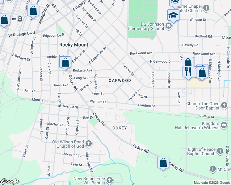 map of restaurants, bars, coffee shops, grocery stores, and more near 1108 Pitt Street in Rocky Mount