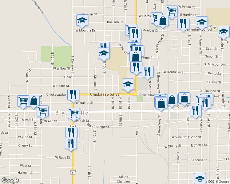 map of restaurants, bars, coffee shops, grocery stores, and more near 814 Chickasawba Street in Blytheville