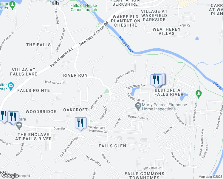 map of restaurants, bars, coffee shops, grocery stores, and more near 2315 Wide River Drive in Raleigh