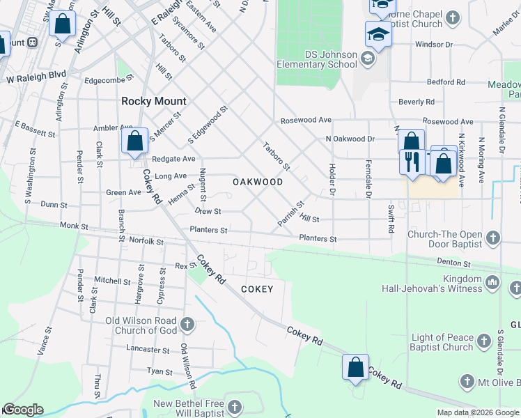 map of restaurants, bars, coffee shops, grocery stores, and more near 1108 Pitt Street in Rocky Mount