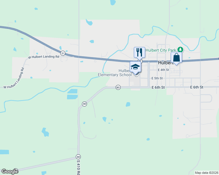 map of restaurants, bars, coffee shops, grocery stores, and more near 17323 Oklahoma 80 in Hulbert