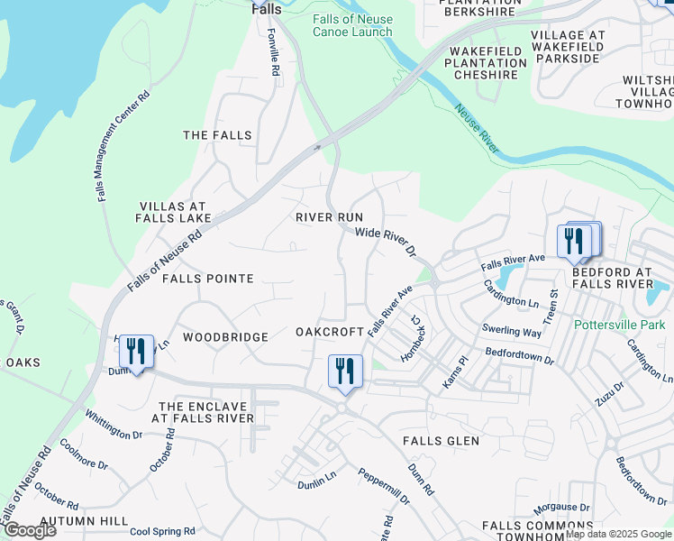 map of restaurants, bars, coffee shops, grocery stores, and more near 11701 Wake Bluff Drive in Raleigh