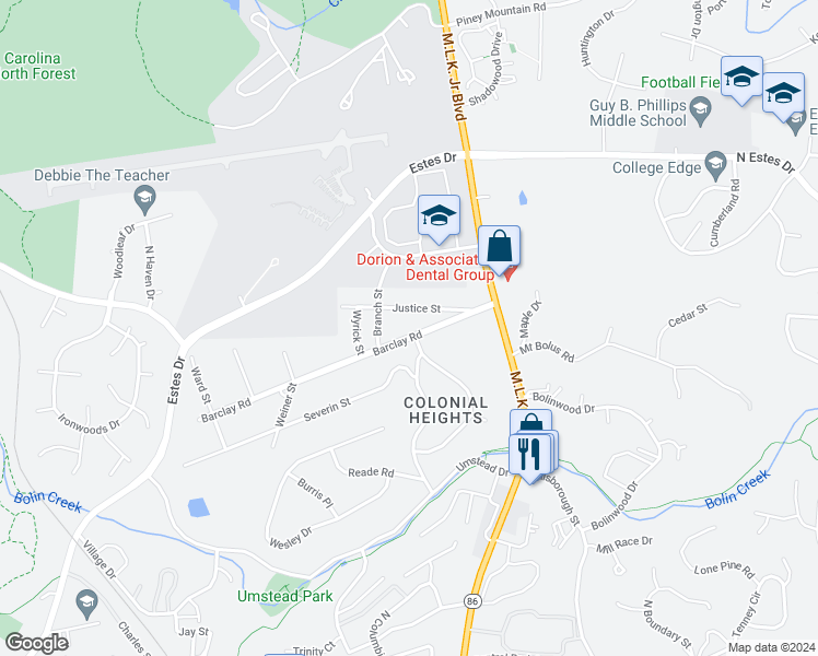 map of restaurants, bars, coffee shops, grocery stores, and more near 130 Barclay Road in Chapel Hill