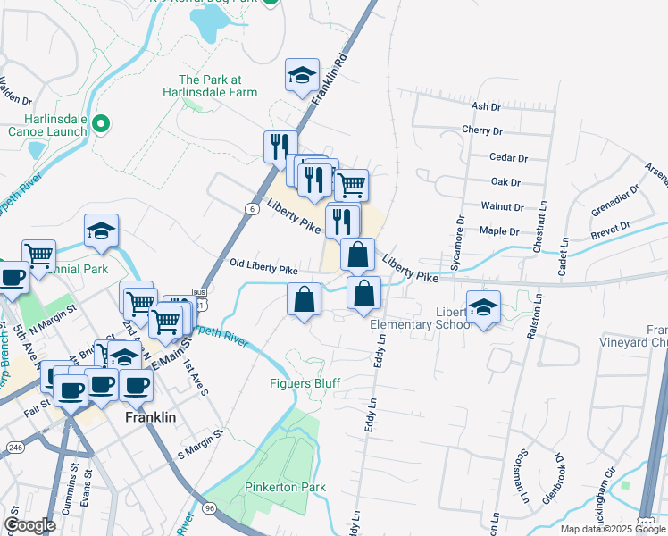 map of restaurants, bars, coffee shops, grocery stores, and more near 120 Jamison Station Lane in Franklin