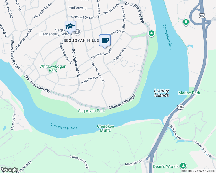 map of restaurants, bars, coffee shops, grocery stores, and more near 1540 Agawela Avenue Southwest in Knoxville