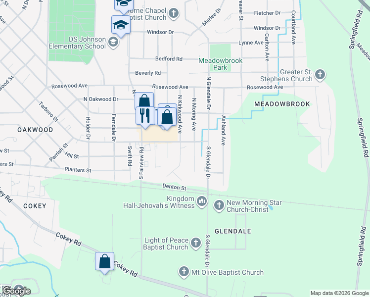map of restaurants, bars, coffee shops, grocery stores, and more near 108 S Moring Ave in Rocky Mt