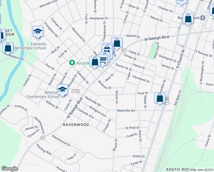 map of restaurants, bars, coffee shops, grocery stores, and more near 640 Beamon Street in Rocky Mount