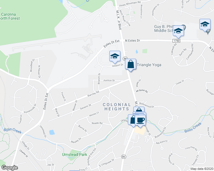 map of restaurants, bars, coffee shops, grocery stores, and more near 202 Barclay Road in Chapel Hill