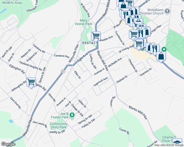map of restaurants, bars, coffee shops, grocery stores, and more near 4425 Immanuel Street Southwest in Knoxville