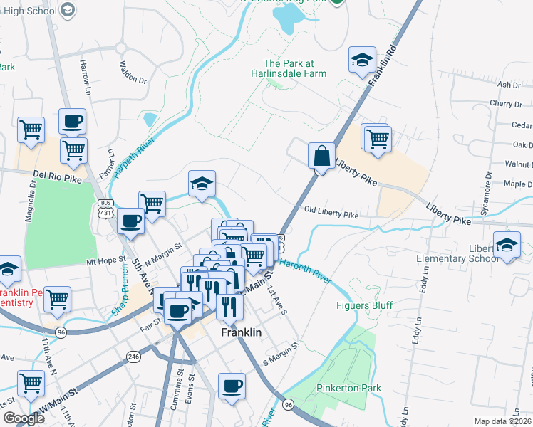 map of restaurants, bars, coffee shops, grocery stores, and more near 151 Franklin Road in Franklin