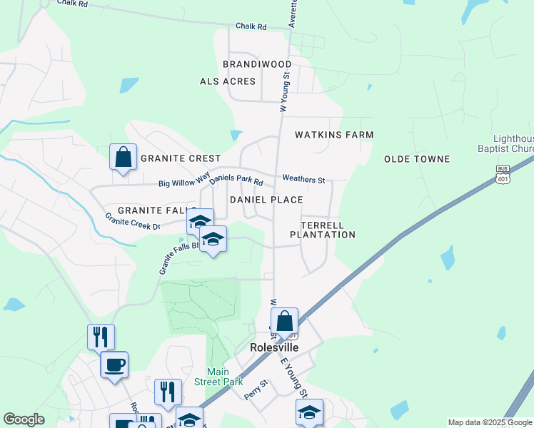 map of restaurants, bars, coffee shops, grocery stores, and more near 227 West Young Street in Rolesville